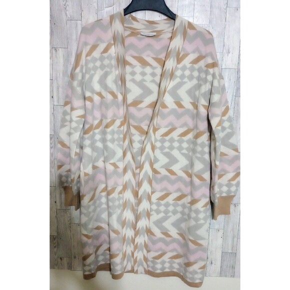 Calligraphie Long Cardigan Open Front Abstract Pink Gray Brown Size Large - Picture 1 of 4